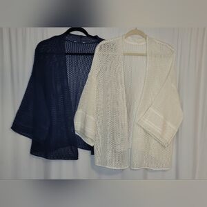Women's Open Knit Sweater Cardigan - Navy and White